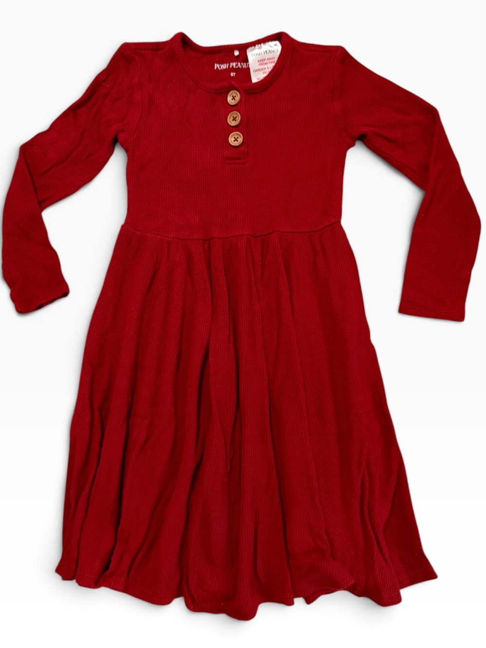 Posh Peanut Brick Red Waffle Weave Twirl Dress Long Sleeve Henley, 6T